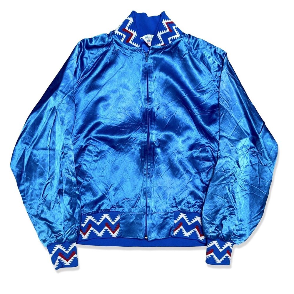 WestArk Vintage 80s Aztec Satin Bomber Jacket Blue Southwestern Mens L